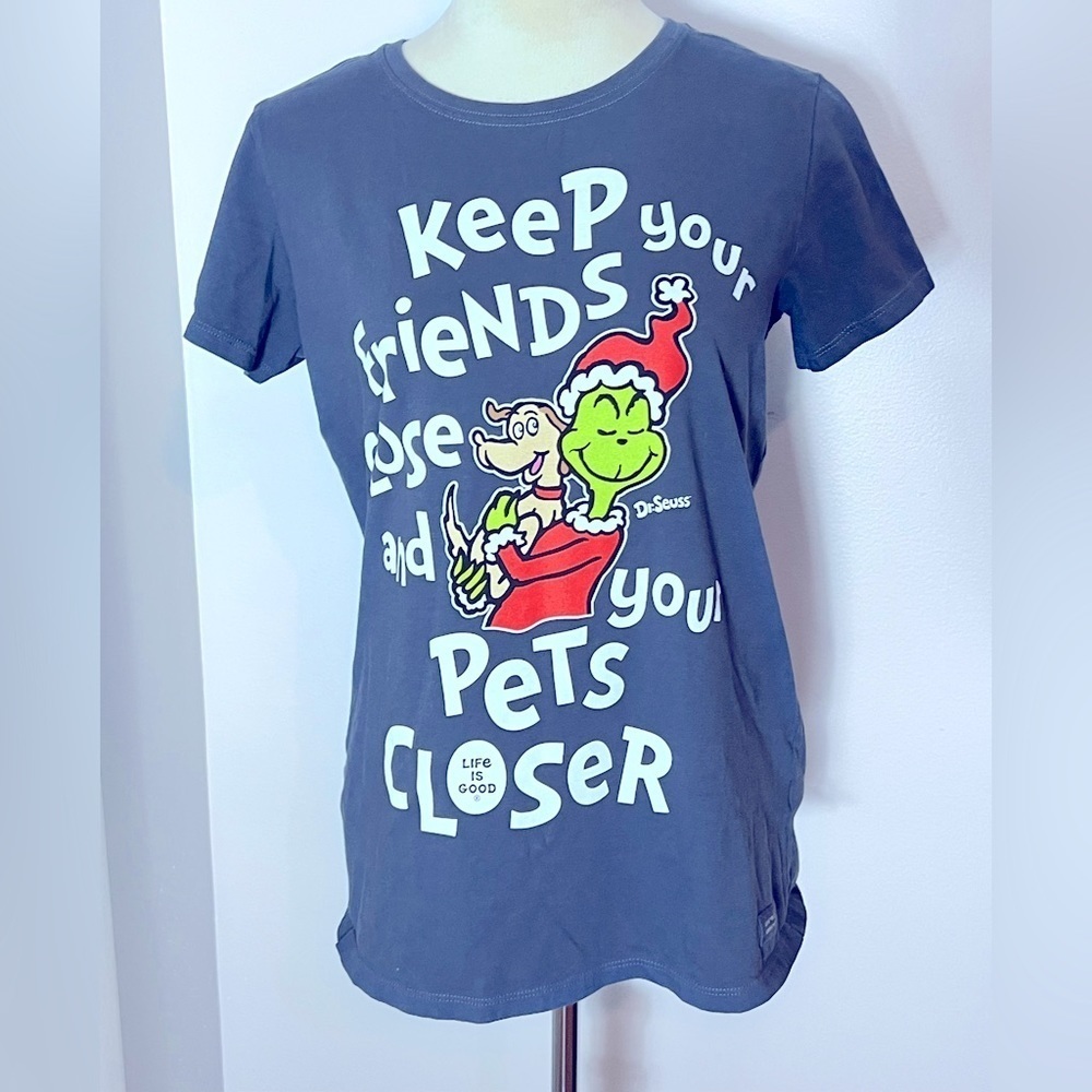 LIFE IS GOOD CRUSHER TSHIRT SZ MEDIUM CAT IN THE HAT GRINCH DOG LOVE PET BLUE
